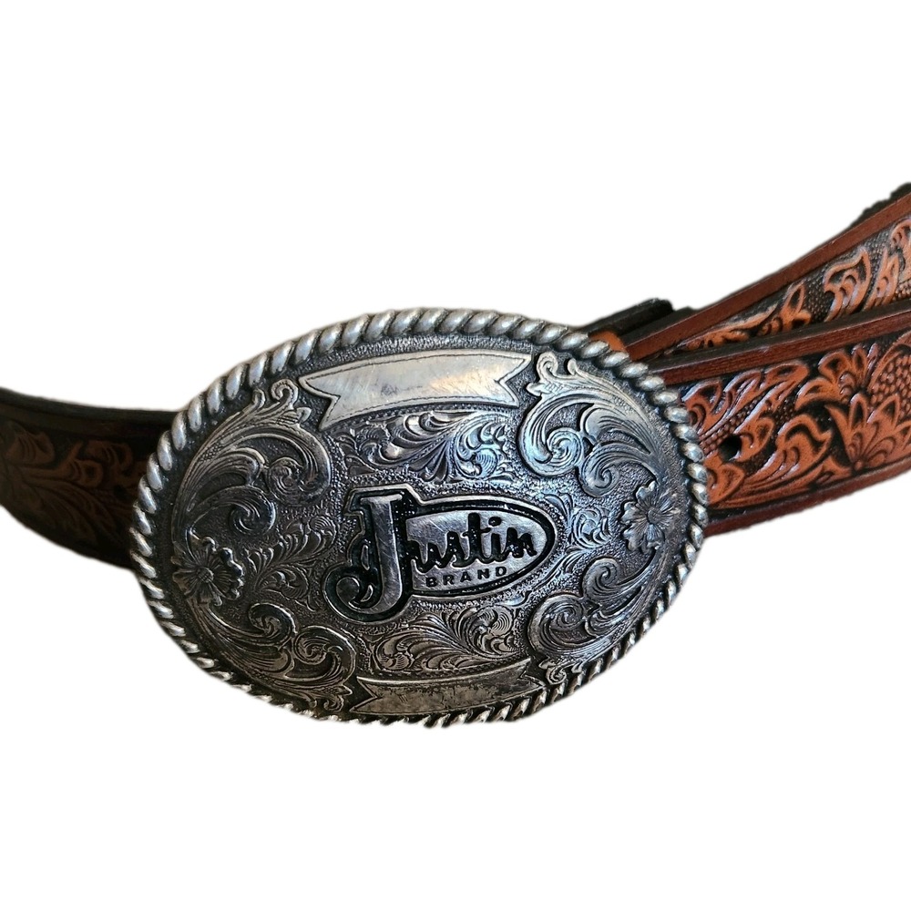 Justin Brand Silver Tone Belt Buckle With Hired Hand Bonded Leather Belt Mens 38